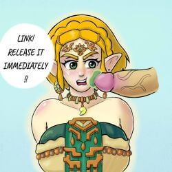 big blonde_hair blushing breasts brownpidgeon clothed cock_on_face earrings hylian_ears link penis princess_zelda speech_bubble stuck tears_of_the_kingdom the_legend_of_zelda thick_cock yelling_at_another zelda_(tears_of_the_kingdom) zonai_outfit