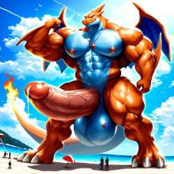 1boy 1male 3_toes 4_fingers abs ai_generated anthro anthro_only balls ballsack beach blue_eyes bodybuilder broad_shoulders casual casual_boner casual_erection cock completely_nude dick erection flexing giant growth hard_nipples huge_ears huge_muscles hyper hyper_balls hyper_muscles hyper_penis lifeguard macro male male_nipples male_only manly mega_charizard_y mega_evolution muscle_growth muscular muscular_anthro muscular_arms muscular_ass muscular_legs muscular_male muscular_shoulders muscular_thighs nai_diffusion nipples outdoors pecs penis pokemon pokemon_(species) posing proud_of_his_cock public shiny_pokemon skimpy solo solo_focus solo_male standing testicles theblockhead thick_arms thick_body thick_legs thick_thighs veiny_penis veiny_testicles whistle wide_hips