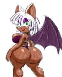 2024 bat batwings big_ass big_breasts big_butt bubble_ass bubble_butt colored_sketch dark-skinned_female dark_body dark_skin digital_drawing_(artwork) digital_media_(artwork) green_eyes hi_res huge_ass huge_butt looking_at_viewer looking_back looking_back_at_viewer mammal mammal_humanoid mobian_(species) mobian_bat purple_bikini purple_bra purple_eyeshadow rouge_the_bat rouge_the_bat_(kailewds) sketch smiling smiling_at_viewer sonic_(series) sonic_the_hedgehog_(series) tansau thick_thighs white_hair