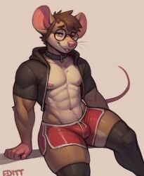 ai_generated anthro brown_hair bulge bulge_through_clothing collar cute femboy furry furry_male furry_only fursona glasses jacket_open male male_only mouse rodent shorts stockings thick_thighs