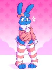 accessory anthro ass balls blush bow_accessory clothing erection femboy fur genitals hair_accessory hair_ribbon hi_res high_tights humanoid_genitalia lagomorph leporid looking_at_viewer male mammal neck_tuft penis rabbit ribbons solo sweater topwear tuft wolfyzeeb zeeb_wolfy