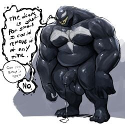 azathura balls big_pecs bodily_fluids dad_bod dialogue digital_drawing_(artwork) digital_media_(artwork) flaccid genital_fluids genitals hi_res male male_only marvel marvel_comics muscular muscular_male penis precum pussy speech_bubble standing venom venom_(marvel)