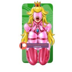 1girls blonde_hair body_harness bodysuit bondage breasts collar crown harness kneeling large_breasts latex latex_bodysuit long_hair mario_(series) mask nintendo open_mouth pink_bodysuit posture_collar princess_peach rubberlink slave