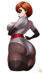 artist_name ass black_legwear bodysuit breasts brown_hair commentary disney elastigirl english_commentary female from_behind grey_leotard helen_parr highres jmg large_breasts leotard mature_female milf pantyhose pixar pixar_mom short_hair simple_background skindentation solo superhero_costume the_incredibles the_incredibles_2 thick_thighs thighhighs thighs white_background