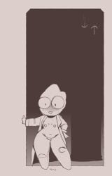 alphys ambiguous_gender anthro blush bodily_fluids clothing coat cum duo eyewear female front_view gaster genital_fluids glasses implied_fucking lab_coat lab_coat_only leaking_cum lizard lmilkdog monster nude reptile scalie short_stack solo standing topwear undertale undertale_(series) wearing_glasses