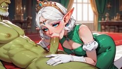 ai_generated anteater_face big_penis blowjob elderly_female elf elf_ears elf_female female gilf gloves goblin goblin_male grandmother granny green_dress green_eyes muscular muscular_male penis penis_in_mouth queen white_gloves wrinkles