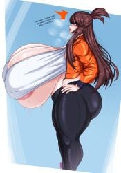 1girls akko_kagari aomokoka atsuko_kagari bandeau bimbo brown_hair gigantic_breasts huge_ass huge_breasts hyper_breasts jacket leggings little_witch_academia long_hair massive_breasts red_eyes studio_trigger sweat thick_thighs tubetop