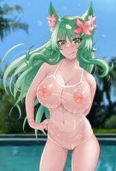 1girls areolae big_breasts blush commission female flower_in_hair fox_ears fox_girl gamegwl green_eyes green_hair huge_breasts ineffective_clothing kimura_kyoko large_breasts latex long_hair nipples oc plump_labia pussy solo swimsuit transparent_clothing