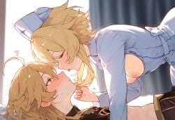 1boy 1girls aether_(genshin_impact) ai_generated blonde_hair brother_and_sister genshin_impact horny_female imminent_kiss incest lumine_(genshin_impact) mihoyo nurse nurse_cap nurse_uniform pleasure_face sex straight unknown_artist