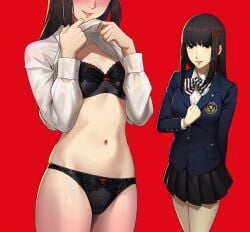 1girls absurdres asian asian_female black_bra black_hair black_panties black_skirt blazer blush bow bowtie bra breasts cameltoe clothing female hifumi_togo highres hime_cut hua-j jacket kosei_high_school_uniform legs_together matching_underwear navel panties persona persona_5 pleated_skirt red_ribbon ribbon school_uniform shirt shirt_lift skirt smile striped_bow striped_bowtie striped_clothes underwear white_shirt