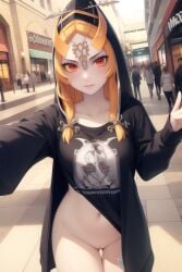 1girls ai_generated big_breasts black_bra breasts clothing female female_only happy long_hair midna nintendo pointy_chin public ruptuorie solo the_legend_of_zelda the_legend_of_zelda:_twilight_princess twili_midna twilight_princess