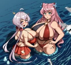 2girls aircraft ass bikini blue_eyes breasts dgenerate9 from_above giantess grey_hair huge_breasts macro maria_cadenzavna_eve military pink_hair purple_eyes senki_zesshou_symphogear shocked_expression skirt swimsuit twintails warship yukine_chris