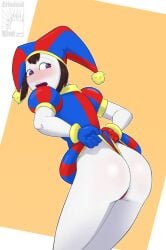 blushing_female bodysuit brown_hair embarrassed glitch_productions jester_hat pale_body pinup pomni_(the_amazing_digital_circus) pulling_up_panties red_and_blue the_amazing_digital_circus wedgie wedgied_female