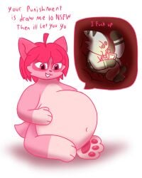 anthro domestic_cat drawing_tablet felid feline felis female female_pred fur hi_res hybrid male male/female male/male male_prey mammal niko_(nikoransfw) nikora_(nikoransfw) nikoransfw pink_body pink_fur punishment tablet tablet_pen unwilling_prey vore