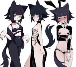 black_hair bunny_ears bunny_suit cat_ears catgirl embarrassed glasses hibi_(dustbinrat) oc original_character purple_hair short_hair tagme tail wagyu