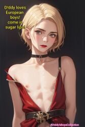 1boy 1femboy 3d ai_generated anime_style athletic blonde_hair blue_eyes caption choker crossdressing crossdressing_male cute cute_face dress english_text exposed_breasts exposed_nipples exposed_torso femboy feminine feminine_male fit fit_female gay lipstick makeup pale-skinned_male pale_skin red_lipstick sissy skinny skinny_male solo text topless topless_male twink white_skin yaoi young