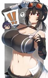 ! 2girls ahoge asymmetrical_gloves bare_shoulders belle_(zenless_zone_zero) black_gloves black_hair black_sports_bra blue_hair breasts cleavage collarbone crop_top fingerless_gloves gin_moku gloves goggles goggles_on_head grace_howard hair_between_eyes highres large_breasts looking_at_viewer midriff mismatched_gloves multiple_girls navel open_mouth orange_eyes short_hair single_fingerless_glove spoken_exclamation_mark sports_bra zenless_zone_zero