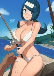 1girls :d artist_name barleyshake big_breasts bikini blue_eyes blue_hair blush breasts cleavage creatures_(company) curvy fish_hook fishing_rod game_freak heart hi_res lana's_mother_(pokemon) long_hair looking_at_viewer mature_female milf navel nintendo ocean open_mouth outdoors pokemon pokemon_sm sidelocks sitting sky smile smiling solo_focus swimsuit tied_hair toned toned_female voluptuous voluptuous_female white_bikini