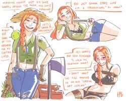 2024 bra braided_ponytail dialogue farmer hinewguy junimo leah_(stardew_valley) light_bondage multiple_images panties red_hair short_shorts solo_female stardew_valley suspenders