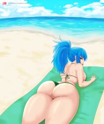 1girls ass ass_up beach beach_towel big_ass big_breasts big_breasts bikini blue_eyes blue_hair breasts busty chest clothed clouds dat_ass fat_ass female from_behind green_bikini huge_ass king_of_fighters leona_heidern light-skinned_female light_skin long_hair looking_at_viewer looking_back on_ground on_stomach ponytail sand sea seaside sunbathing thick thick_ass thick_thighs thighs tied_hair tight_clothes water wide_hips