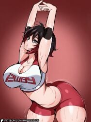 1girls arched_back armpits arms_up ass big_ass big_breasts breasts cammy_stretch cleavage female female_only huge_breasts hyperrxgue looking_at_viewer ruby_rose rwby shirt shorts solo stretching sweat sweaty_body thick_thighs wide_hips