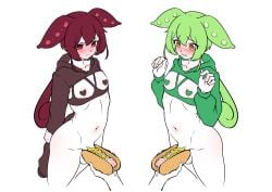 2boys ankomon arms_behind_back blush bottomless brown_hoodie closed_mouth clothing_cutout cowboy_shot cum eyebrows_hidden_by_hair food_on_body food_on_penis genderswap_(ftm) green_hair green_hoodie hair_between_eyes hands_up heart_pasties highres hood hoodie hot_dog hot_dog_bun long_hair long_sleeves male_focus multiple_boys navel nude open_mouth otoko_no_ko partially_colored pasties penis red_eyes red_hair rule_63 shriohalfarm sidelocks standing testicles uncensored v-shaped_eyebrows voicevox white_background yellow_eyes zundamon