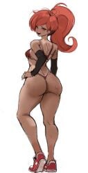 ass ass_focus big_butt brown_skin freckles gym_clothes orange_eyes original_character rakeemspoon red_hair side_ponytail small_breasts smug smug_face sneakers solo_female sweat thong