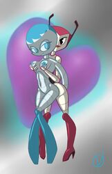 2girls android gynoid jenny_wakeman machine multiple_girls my_life_as_a_teenage_robot robot robot_girl smooth_skin teenager vega_(mlaatr) velenor xj-9 yuri