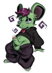 anthro balls biizziiy black_clothing black_hair black_topwear bodily_fluids bottomwear clothing cum feet femboy fur genital_fluids genitals green_body green_fur hair highlights_(coloring) leaking_cum male mammal mouse murid murine pants purple_bottomwear purple_clothing purple_pants revealing_penis revonless rodent sagging_pants solo solo_focus spiral_eyes topwear