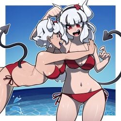 2girls absurdres beach beelzebub_(helltaker) bikini blush breasts demon_girl demon_horns demon_tail earrings freckles helltaker highres horns hug jewelry lucifer_(helltaker) mole mole_under_eye muds multiple_girls navel ocean swimsuit tail white_hair white_horns