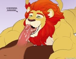 anthro balls bara barazoku boner cum cum_in_mouth erection furry gay licking_penis lion male male_only muscles muscular nude penis rivals_of_aether spelunker_sal zetterburn