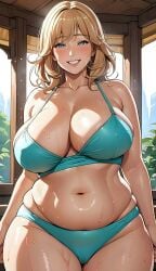 ai_generated bikini bimbo blonde_hair chubby curvy looking_at_viewer milf mother myaim original_character smile tagme wet wet_skin