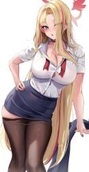 black_pantyhose black_skirt blonde_hair blue_archive blue_eyes blush breasts buttons cleavage clothes_pull collared_shirt feet_out_of_frame female fingernails halo highres large_breasts long_hair long_sleeves looking_at_viewer multicolored_hair no_headwear official_alternate_costume open_mouth pantyhose pantyhose_pull pencil_skirt pina_(blue_archive) pina_(guide)_(blue_archive) pink_halo red_hair shirt simple_background skirt solo stone_(ksorede) streaked_hair tour_guide white_background white_shirt