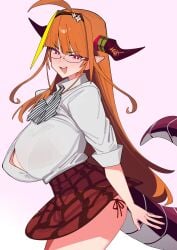 1girls ahoge breasts button_down_shirt cleavage dismassd dragon_girl dragon_tail female_only glasses gradient_eyes holoforce hololive hololive_japan horns huge_breasts kiryu_coco long_hair looking_at_viewer orange_hair pointy_ears red_eyes school_uniform skirt smile smug solo tail thick_thighs thighs thong_straps unbuttoned_shirt virtual_youtuber