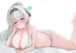 1girls ass bikini blush blushing booty cleavage cute firefly_(honkai:_star_rail) half-closed_eyes half_updo hand_on_head honkai:_star_rail huge_breasts legs_up looking_at_viewer lying_on_bed lying_on_stomach smile smiling smiling_at_viewer