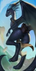 absurd_res anthro blue_eyes bottomwear clothed clothing dragon featureless_chest female genitals grey_body grey_scales hi_res horn horn_jewelry jewelry loincloth loincloth_only membrane_(anatomy) membranous_wings mythological_creature mythological_scalie mythology pouch_(clothing) pussy scales scalie sky solo sonakariart topless wings