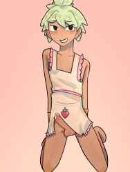 1boys 2d 2d_(artwork) 2d_artwork black_eyes blush cum dandy's_world freckles green_hair male_focus male_only penis roblox sprout_(dandy's_world) tan_skin xenoliy