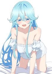 all_fours bare_legs bare_shoulders bare_thighs big_breasts blue_eyes blue_hair blush breasts cleavage collarbone dress elfaria_albis_serfort long_hair norigure18 off_shoulder open_mouth shiny_skin smile thighs tsue_to_tsurugi_no_wistoria white_dress