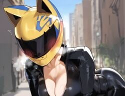 ai_generated big_breasts biker biker_girl bodysuit breasts celty_sturluson cleavage durarara!! girl helmet hi_res high_resolution highres hollowbeak huge_breasts light-skinned_female no_face ripped_clothing skin_tight skintight skintight_bodysuit tagme