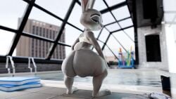 16:9 3d_(artwork) 3d_animation animated anthro ass_clapping big_butt bottomless bottomless_anthro bottomless_female bouncing_butt bra butt clothed clothing crouching digital_media_(artwork) disney female furry grey_body half-closed_eyes hi_res judy_hopps lagomorph leporid looking_at_viewer looking_back loop mammal narrowed_eyes poolside purple_eyes rabbit short_playtime smile snips456fur solo sound sports_bra swimming_pool that_pool thick_thighs twerking underwear video water webm widescreen zootopia