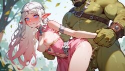 ai_generated beard blue_eyes blush cum cum_in_pussy cum_inside elf elf_ears elf_female elf_girl elf_princess hard_nipples muscular muscular_male orc orc_male orc_on_elf penis_in_pussy pink_dress sex small_breasts