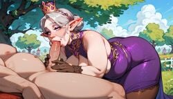 ai_generated big_penis blowjob brown_gloves chubby chubby_female elderly_female elf elf_ears elf_female fat_man gilf gloves grandmother granny penis penis_in_mouth queen stockings violet_dress violet_eyes