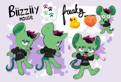 absurd_res anthro biizziiy clothing fur green_body green_fur hi_res highlights_(coloring) male mammal meme meme_clothing model_sheet mouse murid murine renshollow rodent rude_gesture solo spiral_eyes