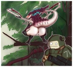 1girls absurd_res alien ass ass_focus astra_militarum fangs female guardsman_(warhammer_40k) gun huge_butt imperial_guard imperium_of_man lasgun lictor mankind_(artist) neurolictor stockings tentacle tyranid warhammer_(franchise) warhammer_40k