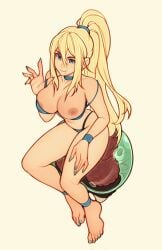 anklet armlet artist_name barefoot bikini blonde_hair blue_bikini blue_eyes blue_nails blush breasts cleavage commentary english_commentary feet female fingernails full_body hair_between_eyes high_ponytail highleg highleg_bikini highres jewelry large_breasts long_hair looking_at_viewer metroid metroid_(creature) metroid_larva mole mole_under_mouth nail_polish navel non-web_source oxcoxa ponytail samus_aran sidelocks simple_background skindentation smile solo strap_lift swimsuit thighs toenail_polish toenails toes very_long_hair waving