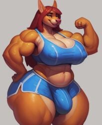 ai_generated anthro big_ass big_breasts big_butt big_female booty_shorts bottom_heavy bulge bulge_through_clothing female flexing_bicep furry_female furry_only futa_only futanari gigantic_thighs hyper hyper_muscles large_ass large_breasts long_hair muscular muscular_female red_hair sportswear tail tight_clothing voluptuous voluptuous_female