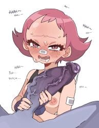 1boy 1girls bandage big_penis blush breasts dialogue drooling game_freak gym_leader handjob holding_penis huge_penis maylene_(pokemon) monster_cock nintendo penis penis_awe pink_hair pinkmelon pokemon pokemon_dppt precum short_hair short_pink_hair size_talk text uncensored veiny_penis