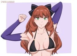 armpits bangs big_breasts black_bra blush bra breasts brown_hair fuwamero green_eyes guinevere_(mobile_legends) light_skin long_hair mobile_legends mobile_legends:_bang_bang partially_clothed solo sweating sweaty_armpits