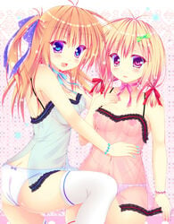 2girls ass babydoll blonde_hair blush bow bowtie breasts camisole chemise cleavage female gradient_eyes hair_ornament happy hug long_hair looking_at_viewer multicolored_eyes multiple_girls nail_polish navel nipples open_mouth orange_hair original panties purple_eyes ribbon ribbon_choker see-through sitting smile suzukawa_yui thighhighs tied_hair twintails underwear white_panties yuri