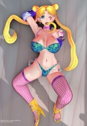 big_breasts bishoujo_senshi_sailor_moon bra choker condom filled_condom fishnets high_heels large_breasts laying_on_bed magical_girl mukir one_eye_closed panties sailor_moon slutty_outfit stockings wand